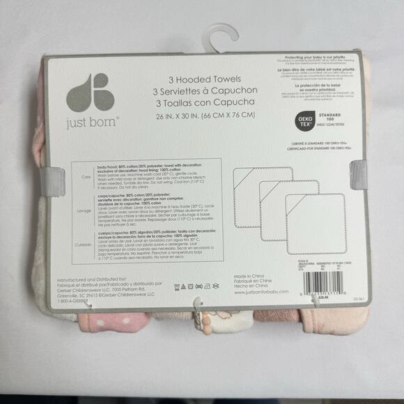 Just Born 3-Pack Hooded Bath Towels Vintage Pink Floral - Picture 5 of 8